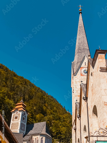 Beautiful churches on a sunny summer day at Hallstatt  Upper Austria  Austria