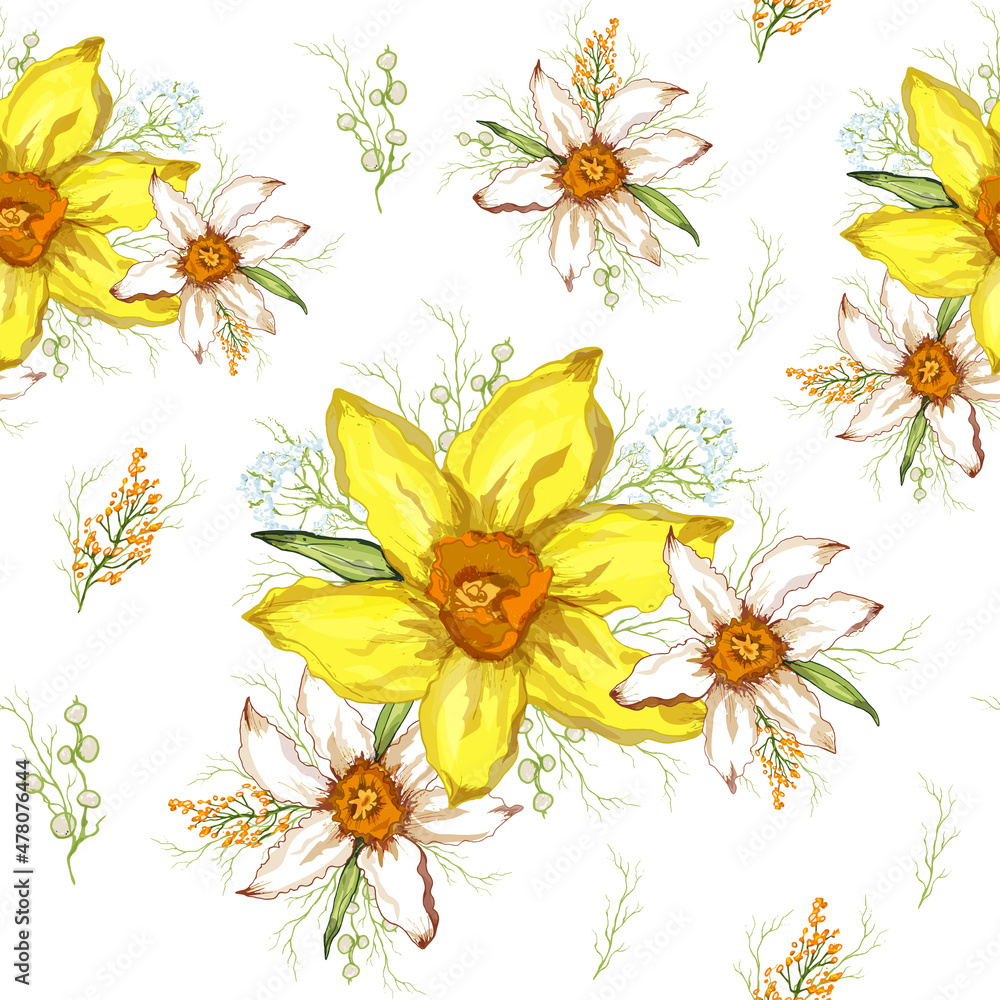 seamless Wallpaper of yellow flower close-up. primroses flowers in the style of realism (vintage). modern sketch, pattern for  background, paper, print, advertising. modern  art illustration