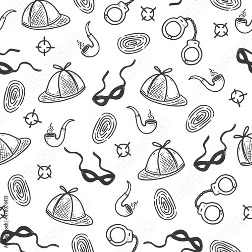 Detective seamless pattern. Hand drawn sketch doodle style crime background. Footprint, fingerprint, magnifier detective investigation pattern. Vector illustration.
