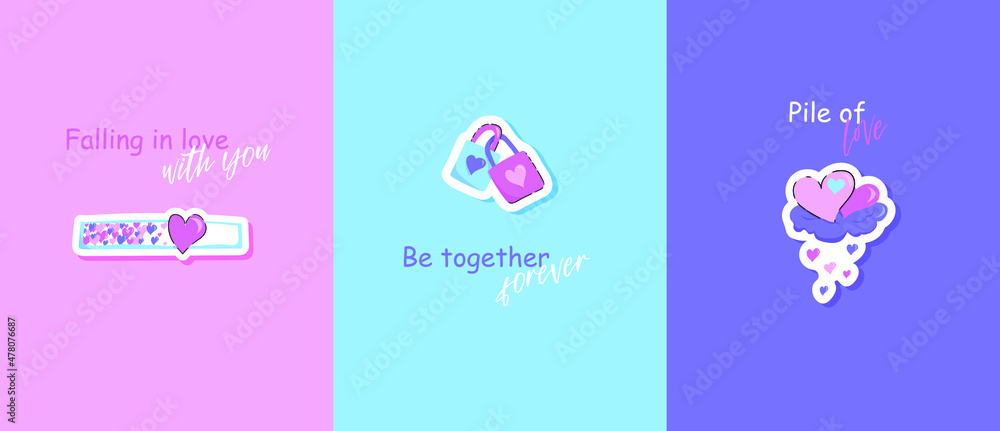 Set of greeting cards for Valentines day with phrases and elements vector illustration. Collection of postcards with cute simple love's illustrations. Set of greeting cards for Valentines day with phrases and elements vector illustration. Collection of postcards with cute simple love's illustrations.