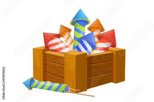 Wooden box with fireworks, firecrackers, holiday rocket in cartoon style isolated on white background. Party, pyrotechnics object. Ui game asset.