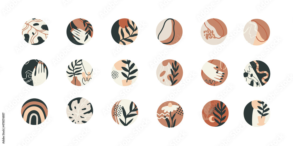 boho stories highlight cover icons for social media and influencer identity branding. tropical hand drawn simple illustrations in trendy abstract art style