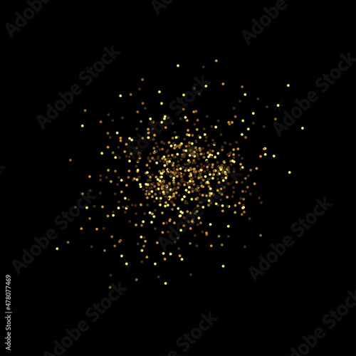 Gold round, circles confetti isolated on black background. Vector illustration. Falling golden dust for party decoration, birthday celebrate, banner, anniversary or Christmas, New Year.Festival decor.