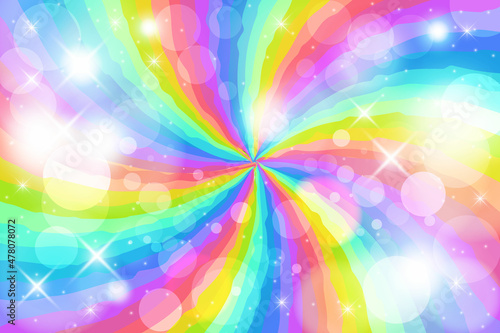 Rainbow swirl background with stars. Radial gradient rainbow of twisted spiral. Vector illustration.