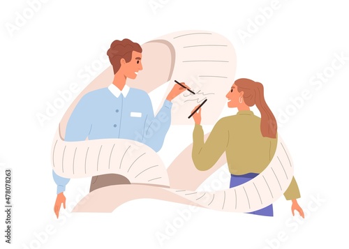 Business partners signing contract. People with pens putting signatures on paper document, concluding agreement. Treaty conclusion concept. Flat vector illustration isolated on white background