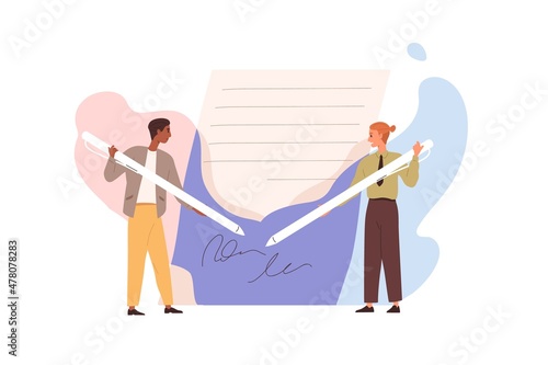 Contract signing concept. Partners putting signatures on business paper docum...