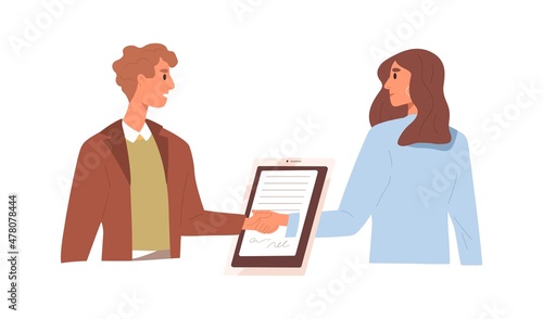 Partners sign e-contact online. People handshake and digital document with electronic signatures. Concluding agreement through internet concept. Flat vector illustration isolated on white background