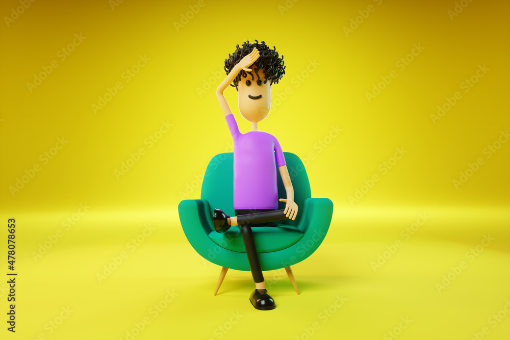 Cartoon man tired sitting in a green chair on a yellow background. Appointment with a psychiatrist, psychological problems, diplomacy, problems. Copy space, 3D render, 3D illustration. Cartoon man tired sitting in a green chair on a yellow background. Appointment with a psychiatrist, psychological problems, diplomacy, problems. Copy space, 3D render, 3D illustration.