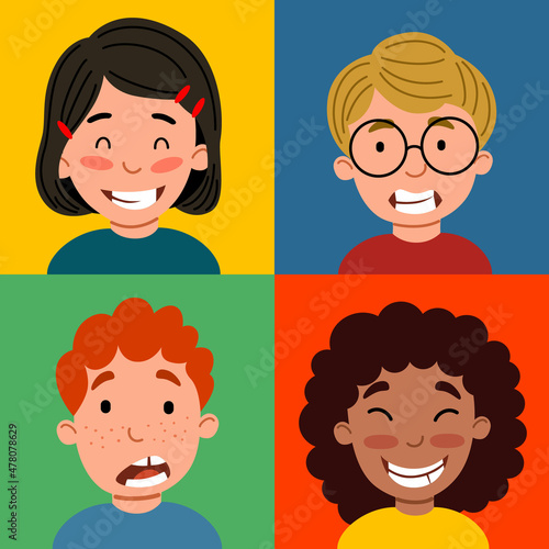 Seamless pattern with children s emotions. A set of portraits in squares. Backgrounds are used for magazines, books, posters, postcards, web pages.