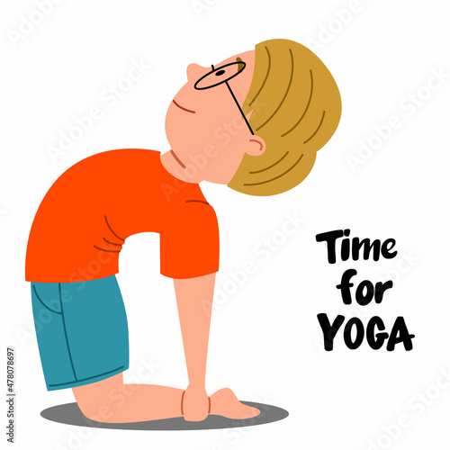 the European boy bent her back. Exercise for the back The child is engaged in sports. Time for yoga. Vector illustration in a flat style on a white background.