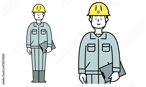 普通に立っている作業服を着た工事現場の男性の全身イラスト素材。