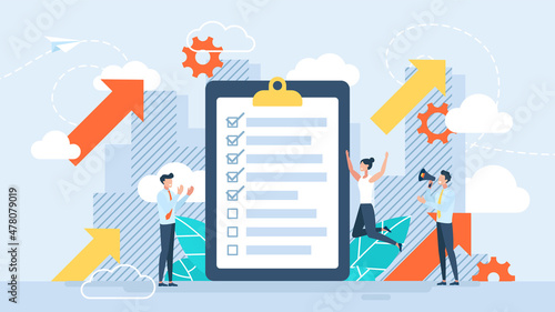 Product satisfaction research. The concept of success. Quality control of products and services. Performance evaluation. The joy of achievement. Teamwork. Vector flat bussines illustration.