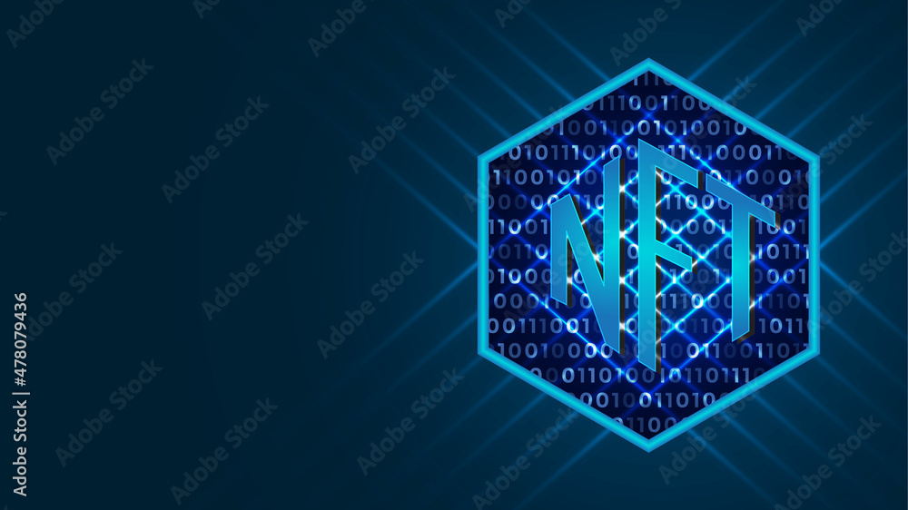 non-fungible token hologram, NFT vector 3d illustration dark blue background. Blockchain technology, Concept of cryptocurrency design and technology light glow wallpaper. non-fungible token hologram, NFT vector 3d illustration dark blue background. Blockchain technology, Concept of cryptocurrency design and technology light glow wallpaper.