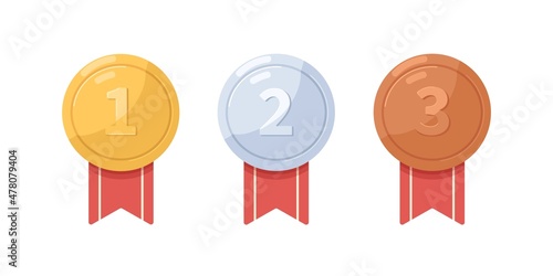 Gold, silver and bronze medals. Metal awards, winner badges for first, second and third places. 1st, 2nd and 3d prizes in competition. Flat graphic vector illustration isolated on white background