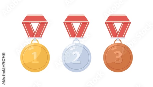 Gold, silver and bronze metal medals set. Circle awards with mesh for first, second and third places. Winners rewards. Champions prizes. Colored flat vector illustration isolated on white background