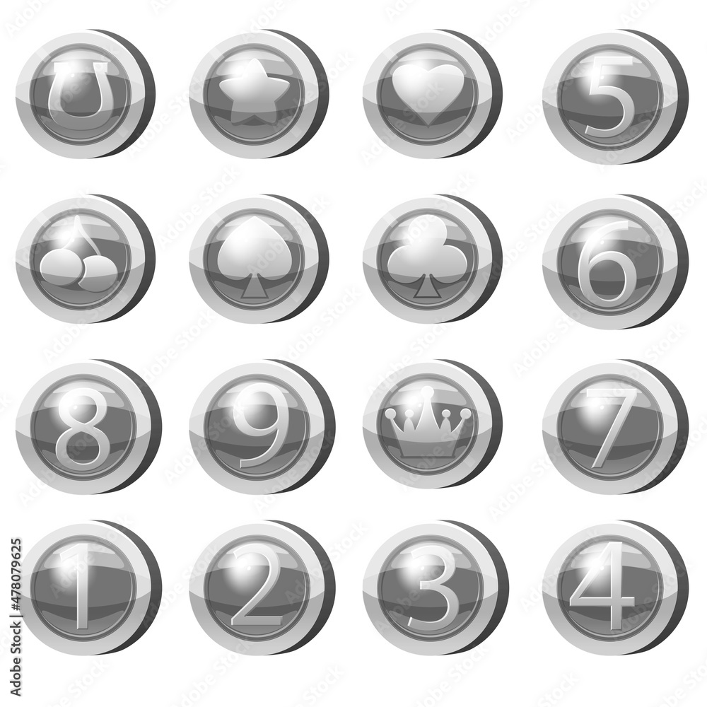 Set of Silver Coins for game apps. Silver icons star, heart, numbers symbols game UI, gaming gambling. Vector illustration Set of Silver Coins for game apps. Silver icons star, heart, numbers symbols game UI, gaming gambling. Vector illustration