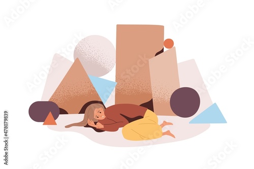 Anxious depressed person with fear of life troubles. Depression and anxiety, psychological concept. Unhappy sad woman ignore problems, do nothing. Flat vector illustration isolated on white background