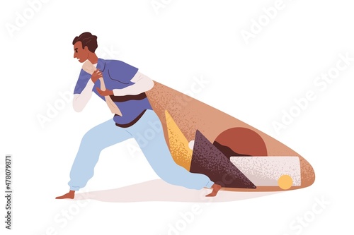 Person carrying heavy burden. Man loaded with problems and duties. Unhappy overwhelmed male with difficulties and troubles. Psychology concept. Flat vector illustration isolated on white background