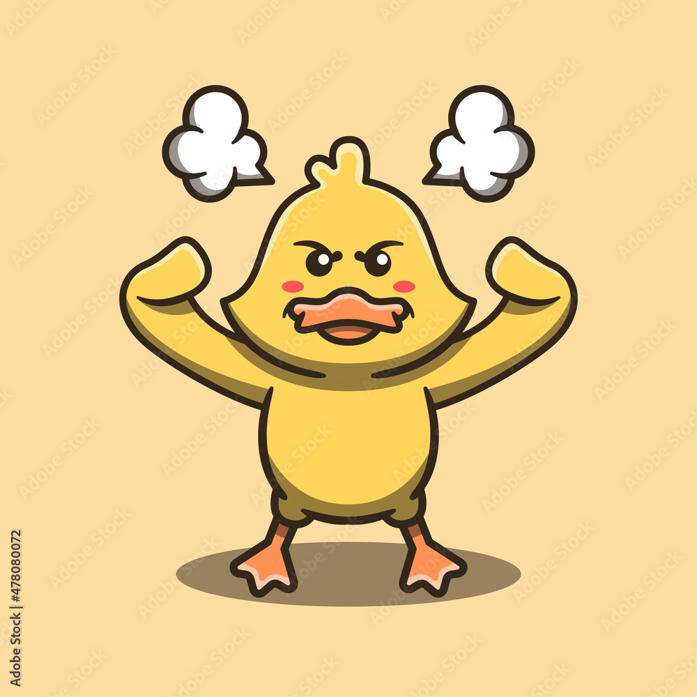 Cute duck mascot with angry expression. Flat cartoon style. Stock