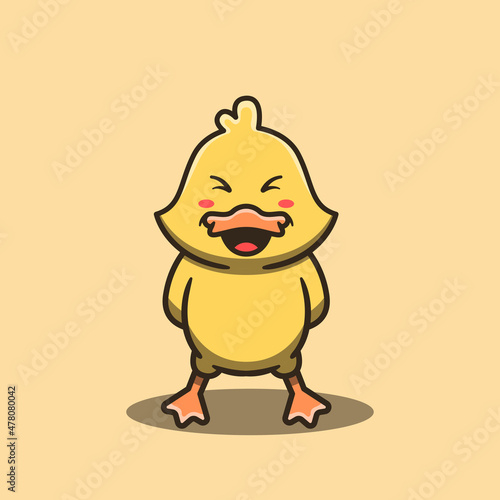 Cute duck mascot with a sour expression. Flat cartoon style.