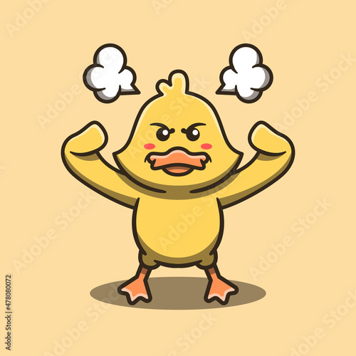 Cute duck mascot with angry expression. Flat cartoon style.