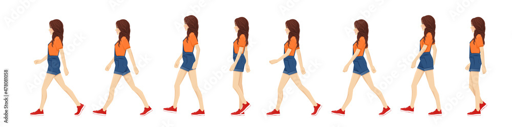 Side view of young beautiful brunette woman walk cycle for animation. Female character sequence vector illustration. Side view of young beautiful brunette woman walk cycle for animation. Female character sequence vector illustration.