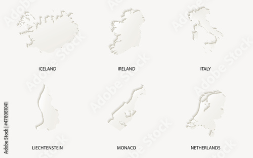 Editable Europe (Iceland, Ireland, Italy, Liechtenstein, Monaco, Netherlands) map vector in paper cut emboss effect.