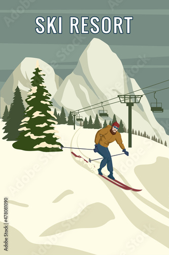 Mountain skier vintage winter resort village Alps, Switzerland. Snow landscape peaks, slopes with sci lift, with wooden old fashioned skis and poles. Travel retro poster