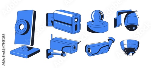 Video surveillance cameras set. Digital security cams of different types. Smart lens equipment for streets and houses safety. Contoured flat vector illustrations isolated on white background