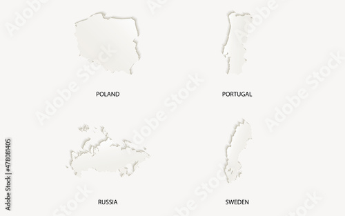 Editable Europe (Poland, Portugal, Russia, Sweden) map vector in paper cut emboss effect.