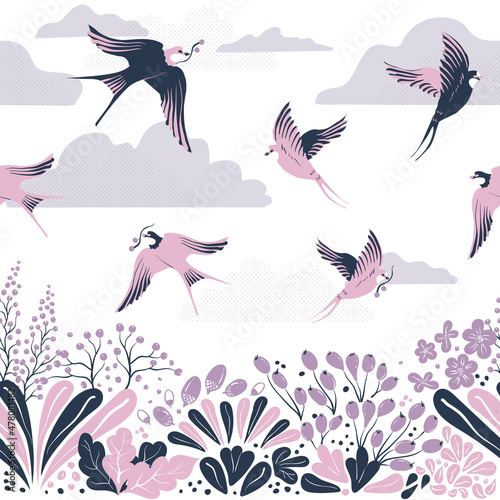 Vector seamless pattern with hand-draw birds. Border pattern with swallows  berries and flowers.