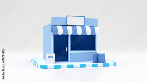 Little shop. Store building with hopping bags and sign on white background. 3d rendering.