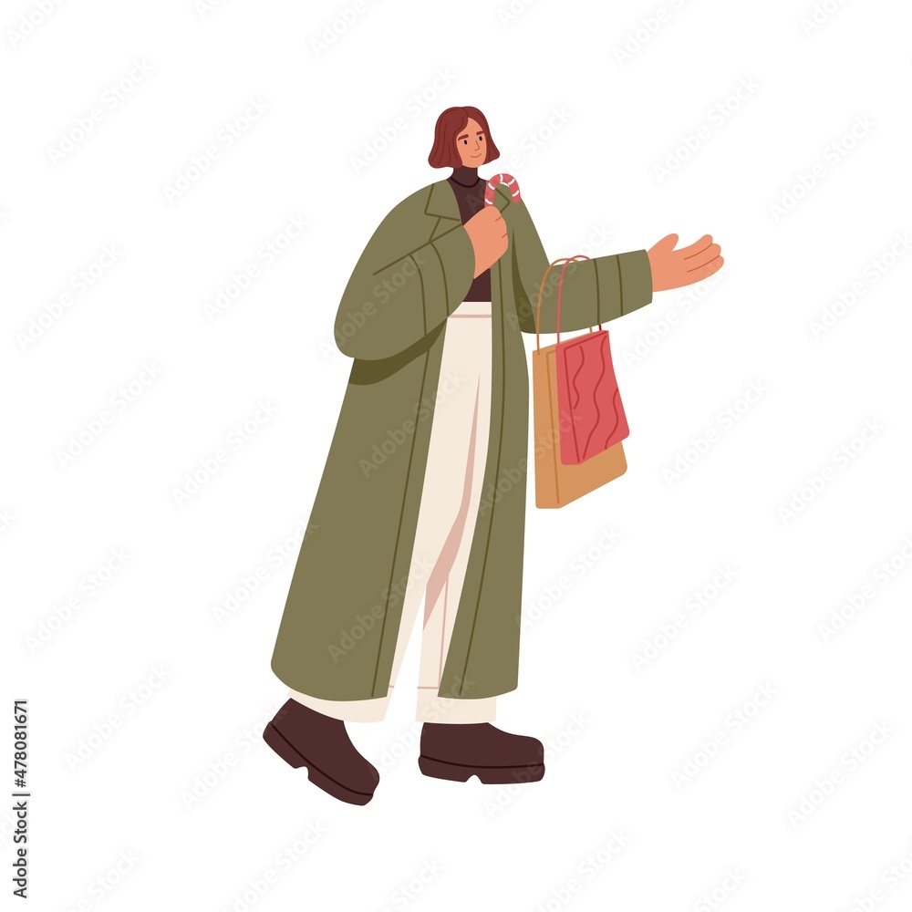 Happy woman walking with Christmas shopping bags for winter holidays. Person going and carrying Xmas gifts outdoors. Female at New Year eve. Flat vector illustration isolated on white background