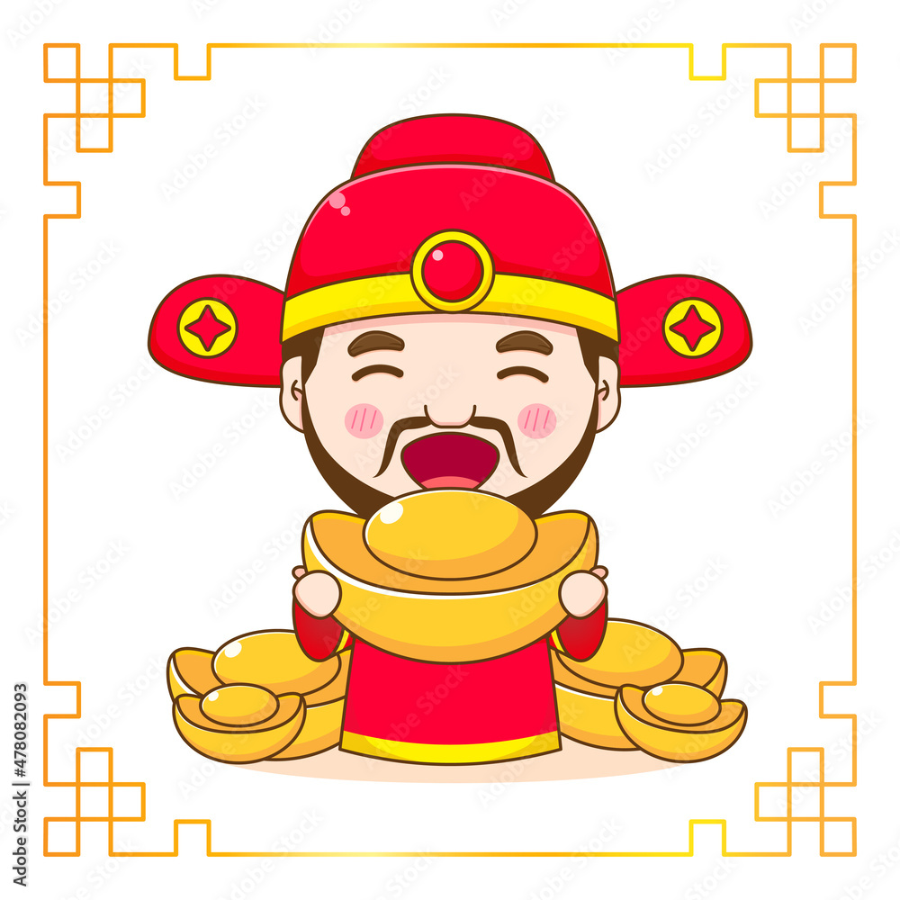 Cute God of wealth cartoon character. Chinese ornament frame