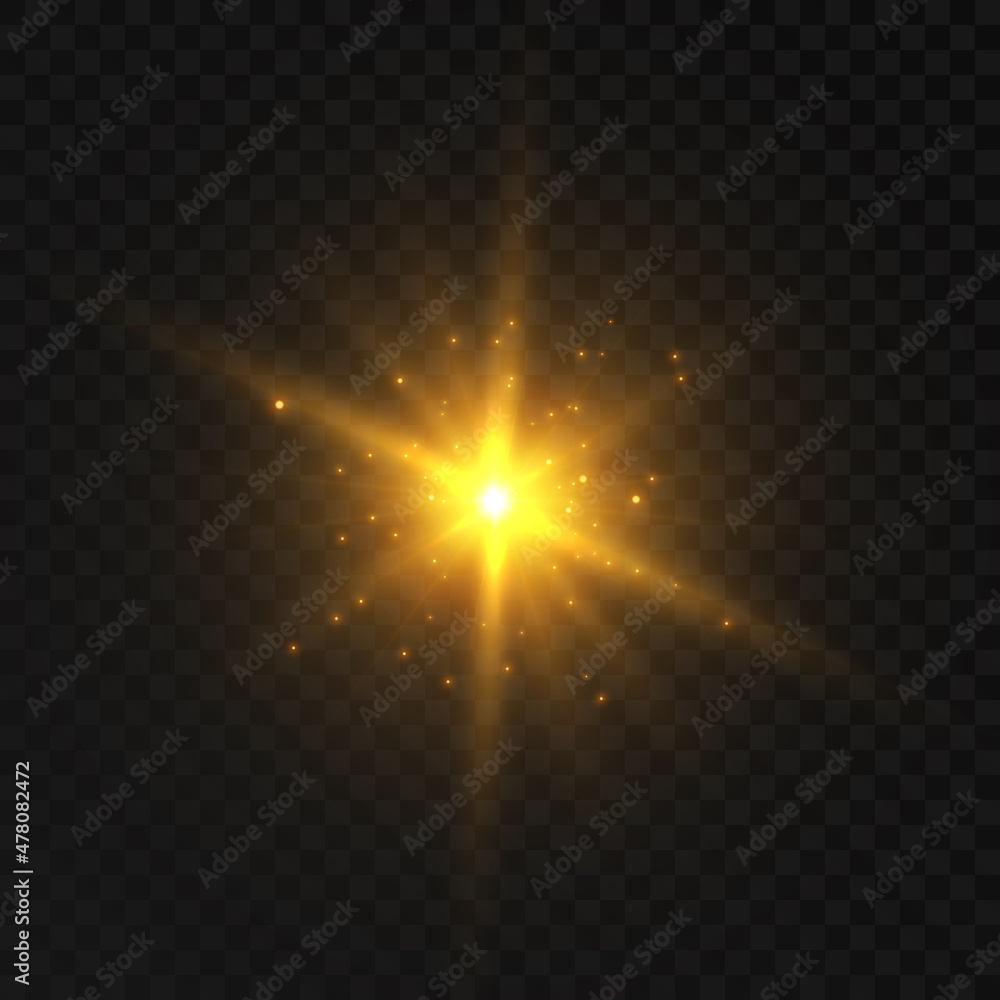 Bright yellow light effect with rays and many small particles for vector illustration.