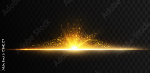 Bright yellow light effect with rays and many small particles for vector illustration.