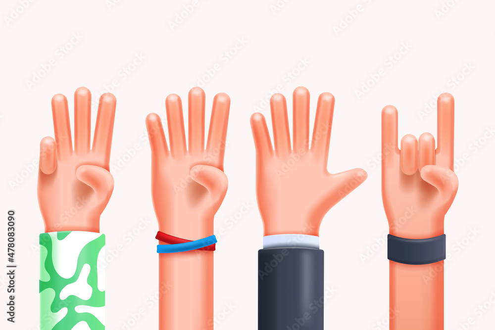 Obraz premium 3d Render Hands Gestures 3D cartoon friendly funny style isolated on white background. 3d Vector illustration