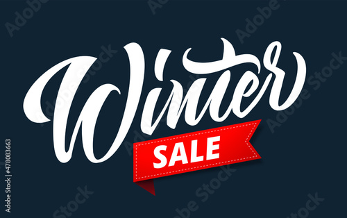 Winter Sale. Snowflakes and snow with winter text, word and lettering. Winter concept, logo template and sign. Horizontal format. Vector illustration for print and web.
