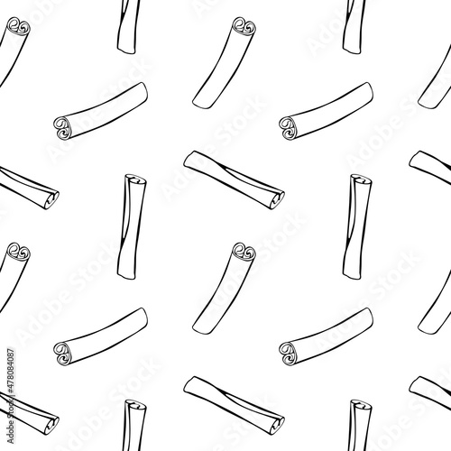 Vector seamless pattern of contour cinnamon stick in doodle style. Background or texture with seasoning, spice, ingredient for baking, hot drinks, aromatherapy, cooking
