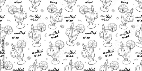 Seamless pattern of mulled wine cocktail in special glass. Hand drawn doodle style vector contour winter christmas holiday background and texture