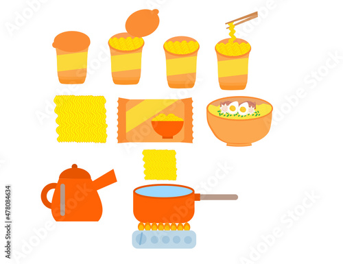 Set of instant noodle or ramen.Sign, symbol, icon or logo isolated.Food or kitchen.Menu for restaurant.Cartoon vector illustration.Flat design.Doodle or clipart.