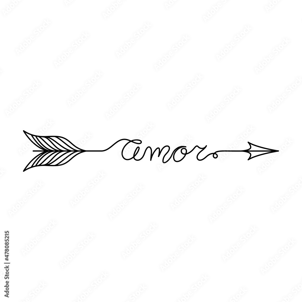 Continuous One Line lettering amor (love in Spanish) in the form of an arrow. Vector illustration for poster, card, banner valentine day, wedding, print on shirt. Continuous One Line lettering amor (love in Spanish) in the form of an arrow. Vector illustration for poster, card, banner valentine day, wedding, print on shirt.