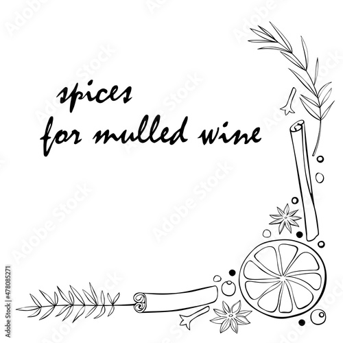 Vector corner element made of Christmas winter outline spices with lettering. Xmas background, frame, decor with seasonings. For desserts, hot mulled wine, cookies, template of menu, recipes
