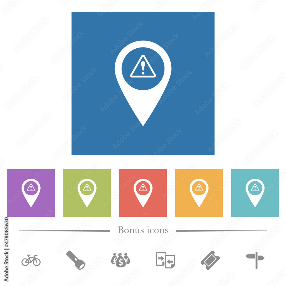 GPS map location warning flat white icons in square backgrounds GPS map location warning flat white icons in square backgrounds