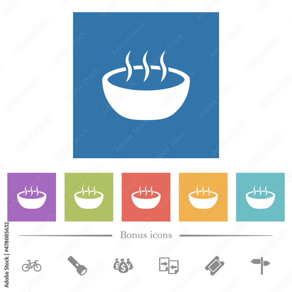 Steaming bowl flat white icons in square backgrounds Steaming bowl flat white icons in square backgrounds