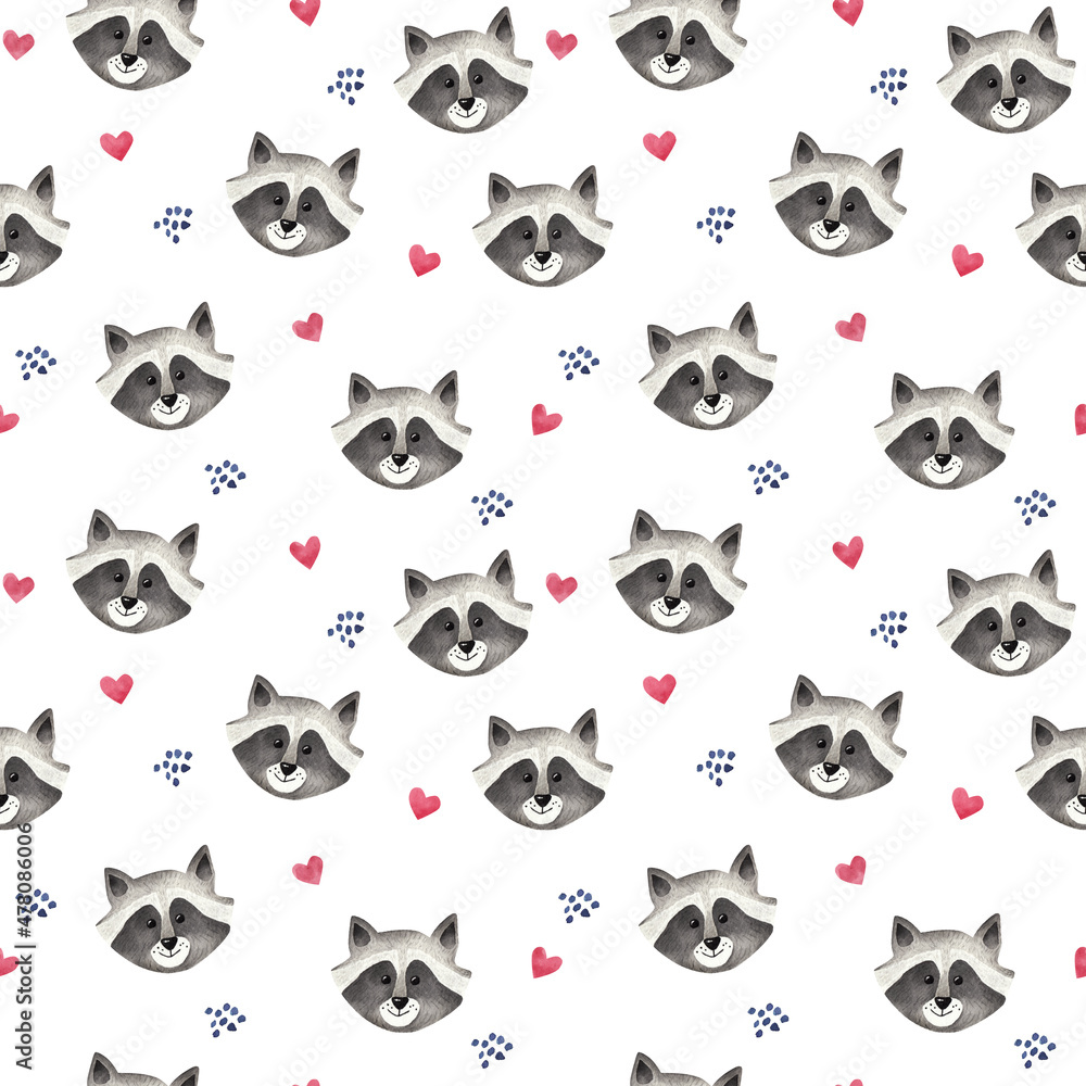 Cute raccoon. Watercolor pattern. Seamless pattern on a white background. Cute raccoon. Watercolor pattern. Seamless pattern on a white background.