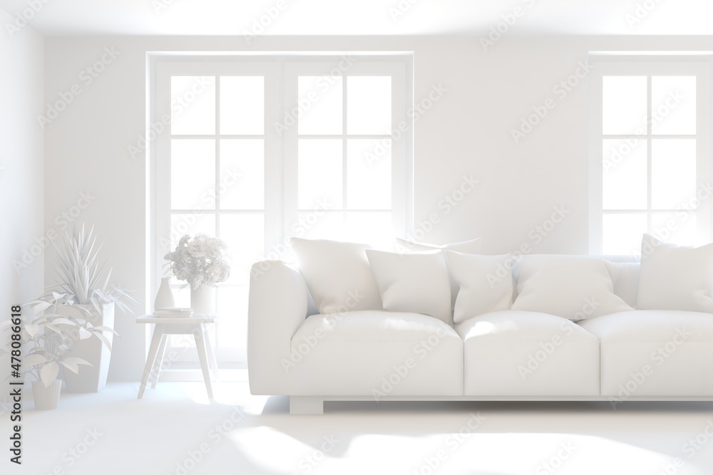 Mock up of minimalist living room in white color with sofa. Scandinavian interior design. 3D illustration Mock up of minimalist living room in white color with sofa. Scandinavian interior design. 3D illustration