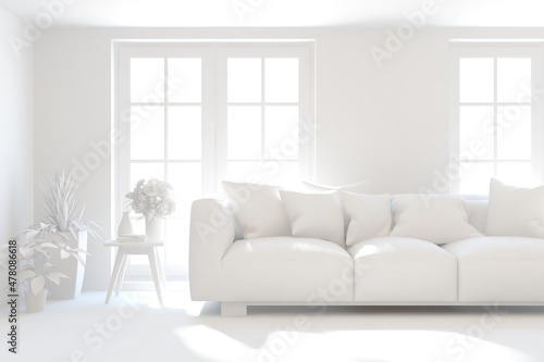 Mock up of minimalist living room in white color with sofa. Scandinavian interior design. 3D illustration