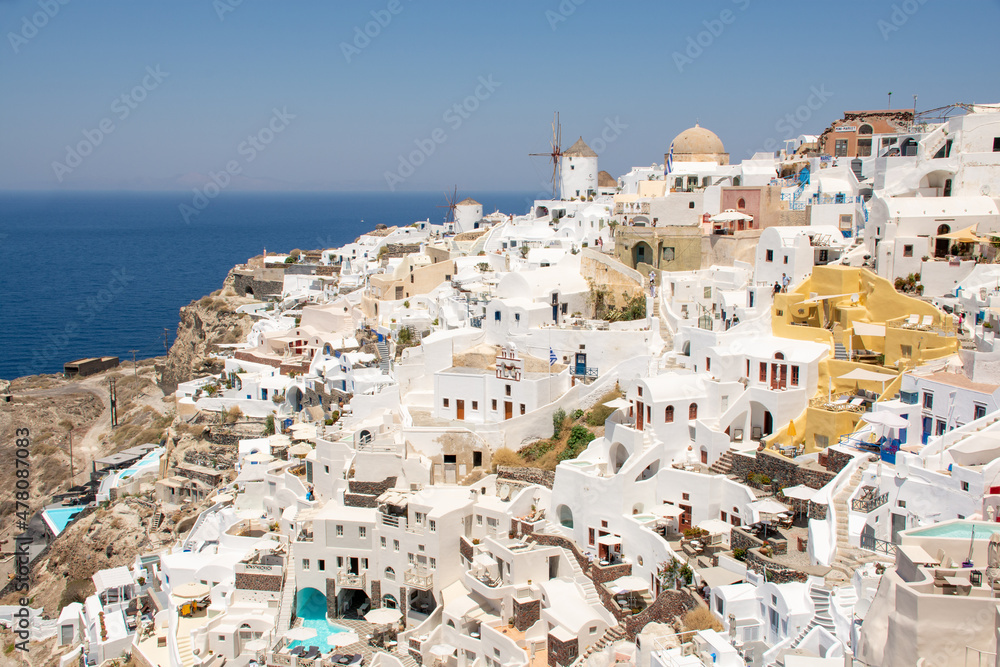 View of the old windmills of Oia, Santorini, Greece