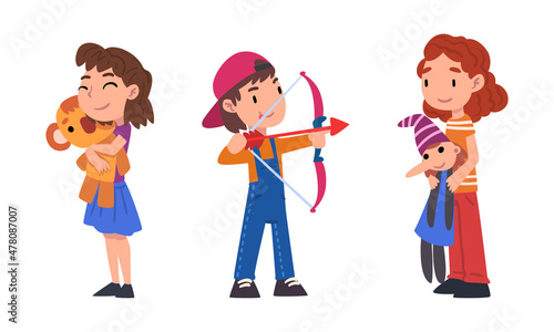 Little Boy and Girl Holding Favorite Toy Bow and Doll Vector Set